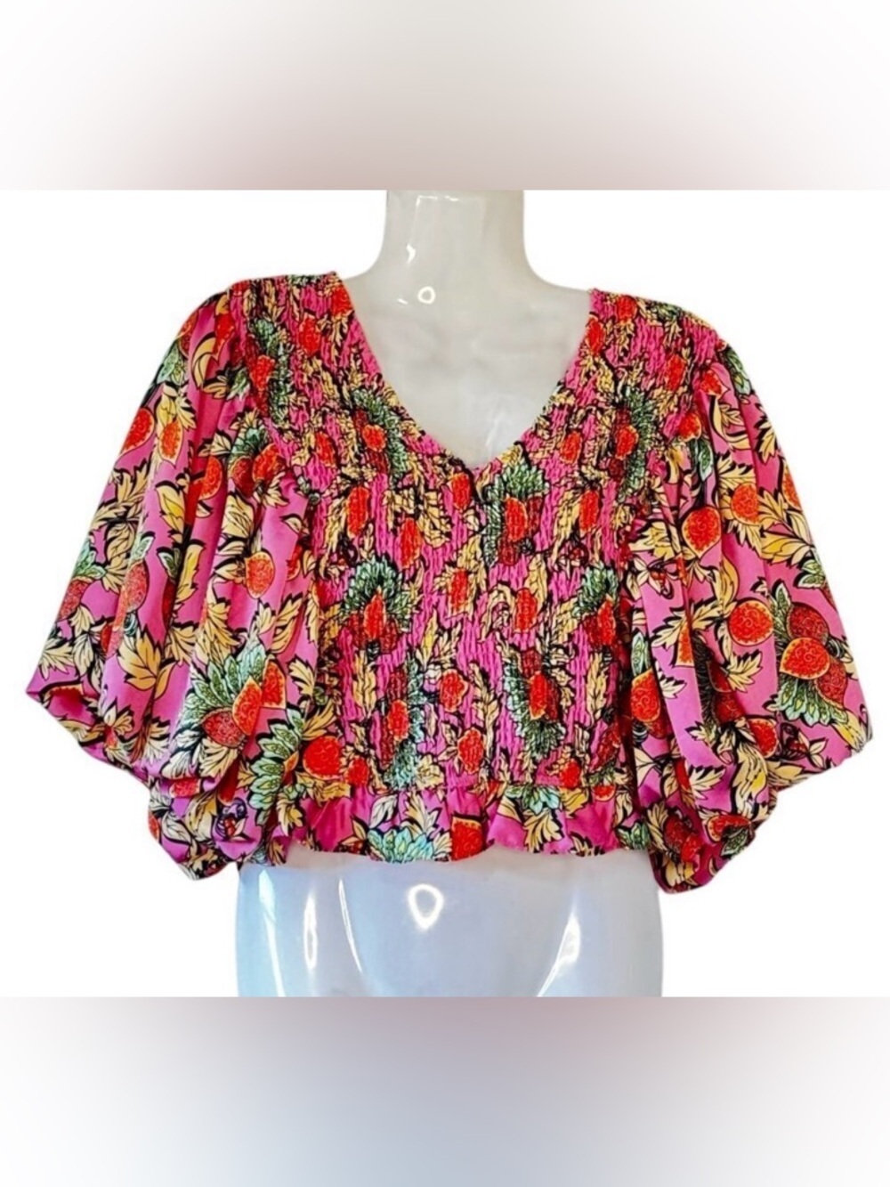 Anthropologie THML Darcy Puff Sleeve Smocked Crop Top Pink Orange Floral Size XS